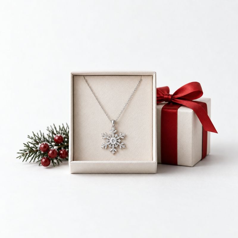 snowflake pendant necklace christmas product photo: A silver snowflake pendant necklace sits in an open cream jewelry box beside a red-ribbon gift and evergree…