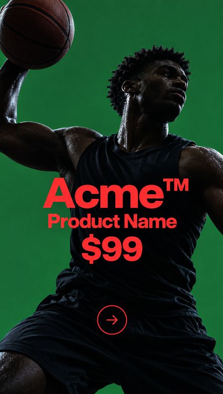 sportswear sports product photo: A muscular basketball player in dark athletic wear raises a ball against a green studio backdrop, with bold red product and pr…