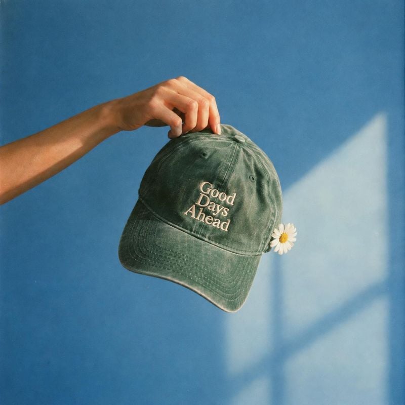 embroidered baseball cap product in hand product photo: A hand lifts a faded green cap embroidered with “Good Days Ahead,” with a small daisy tucked beside it…