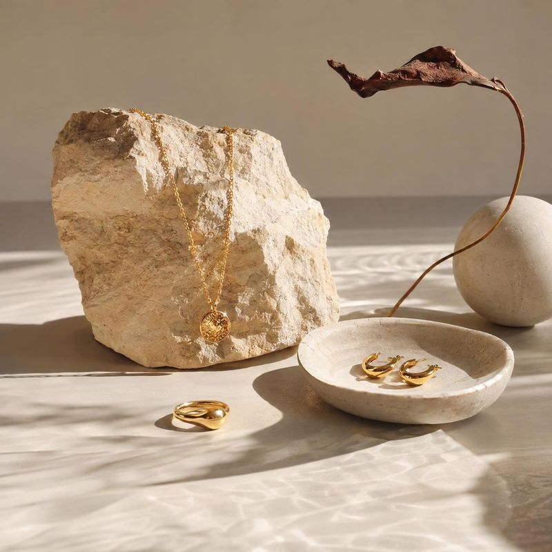gold jewelry flat lay product photo: Gold jewelry is artfully arranged on pale stone and a shallow dish, with a dried leaf and softly patterned sunlight creati…