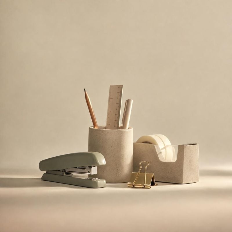 stationery set stationery product photo: A curated set of stationery—including a muted green stapler, pencil, ruler, and desk organizers—rests on a warm beige…