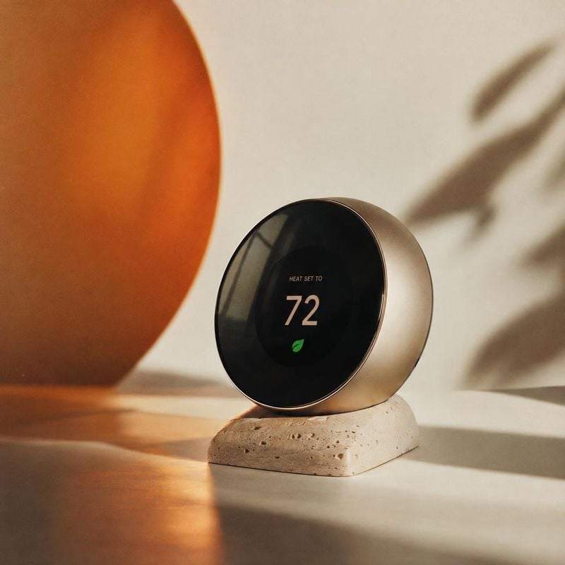 smart thermostat lifestyle scene product photo: A round metallic smart thermostat rests on a textured stone stand in a warm, softly lit interior, with a large…