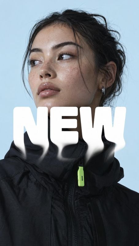 black jacket close-up detail product photo: A close-up fashion portrait of a woman in a black jacket against a pale blue studio backdrop, with bold white “NEW”…