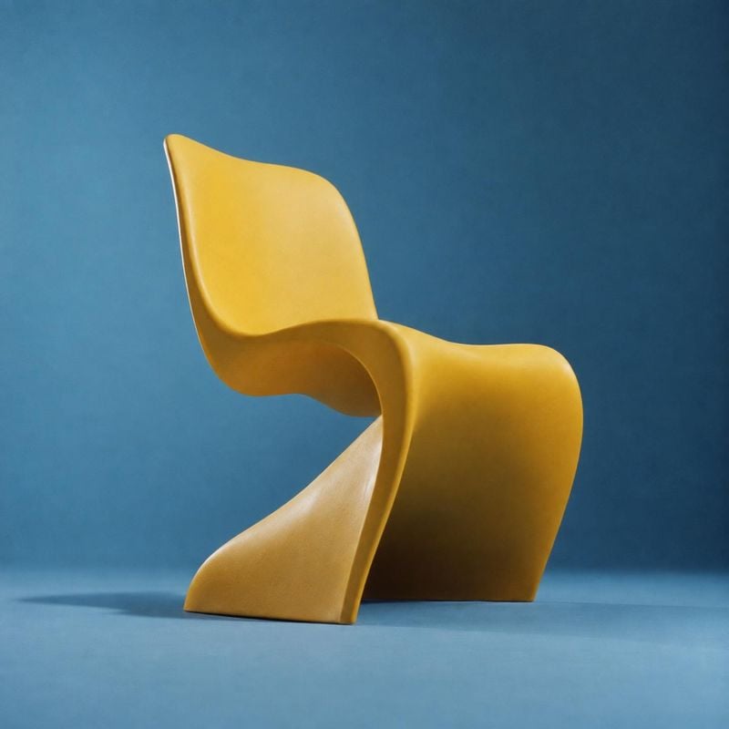 sculptural chair product photo: A sculptural mustard-yellow chair is photographed against a blue studio backdrop, with soft directional light emphasizing its f…