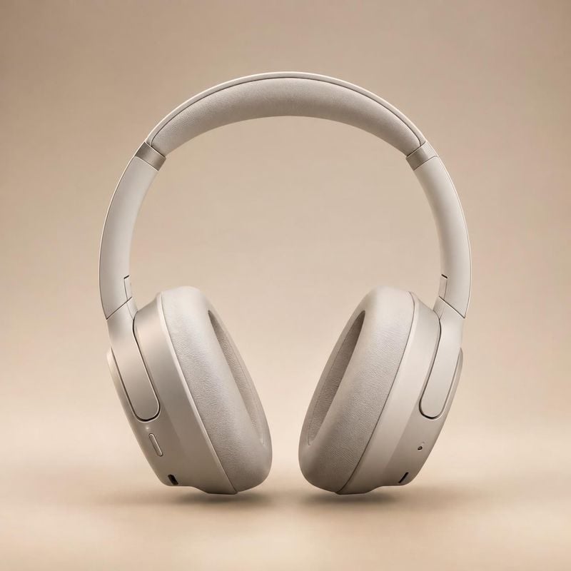over-ear headphones electronics product photo: A pair of cream over-ear headphones is centered against a softly lit beige studio backdrop, with a clean, minima…
