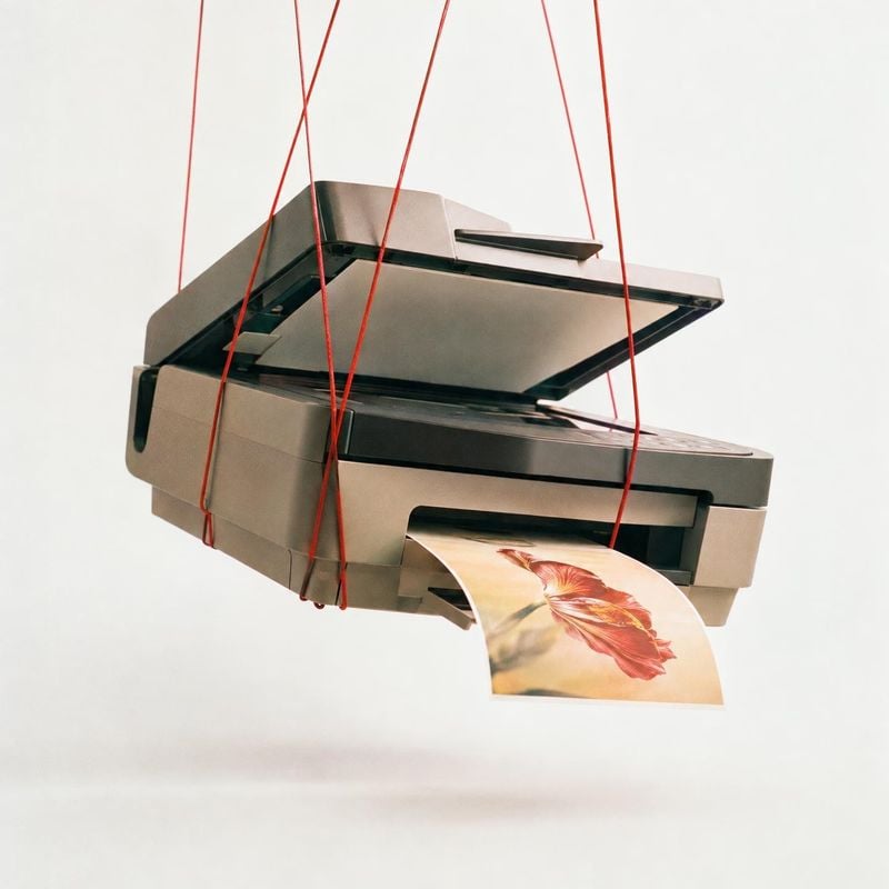 printer floating product product photo: A metallic printer hangs suspended by thin red cords against a pale studio backdrop, feeding out a flower photograph fo…