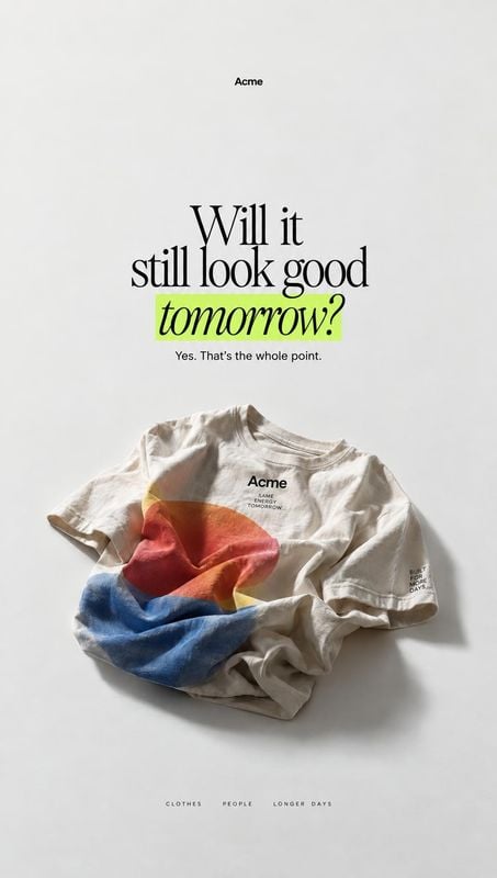 graphic T-shirt fashion product photo: A softly lit white graphic T-shirt is arranged on a pale studio surface beneath a bold sustainability-themed headline, c…