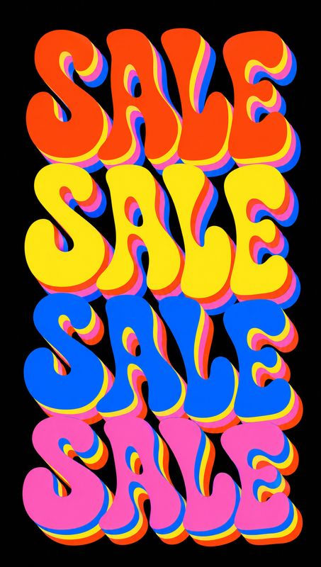 black friday product photo: Oversized, rounded “SALE” lettering repeats in vivid orange, yellow, blue, and pink layers against a black background, creating a b…