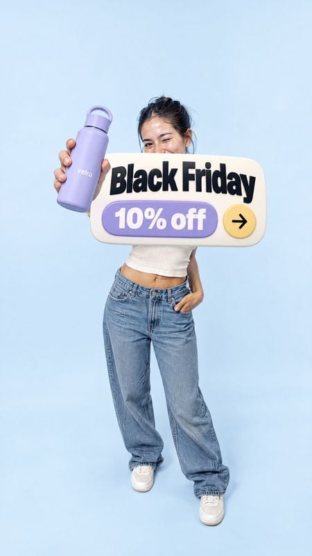 reusable water bottle sports product photo: A smiling woman in a white crop top and jeans holds up a lavender reusable bottle and a prominent Black Friday 10%…