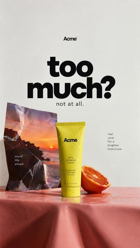 daily radiance cream ingredients product photo: A bright yellow skincare tube stands beside a grapefruit half and a colorful printed card on a coral-pink surfa…