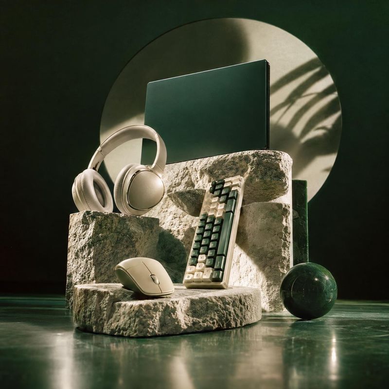 computer accessories set electronics product photo: A coordinated set of headphones, keyboard and mouse is staged on rough stone plinths beside a dark screen,…