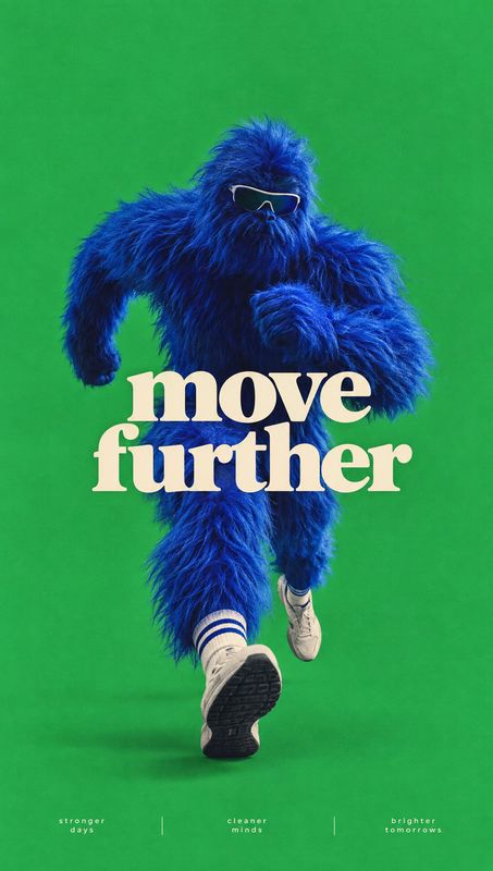 sneakers action & motion product photo: A blue furry character in sunglasses runs toward the camera in white sneakers against a vivid green studio backdrop, wi…