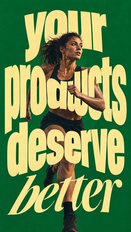 action & motion product photo: An athletic woman runs forward against a deep green studio backdrop, framed by oversized pale-yellow typography for a bold, ener…