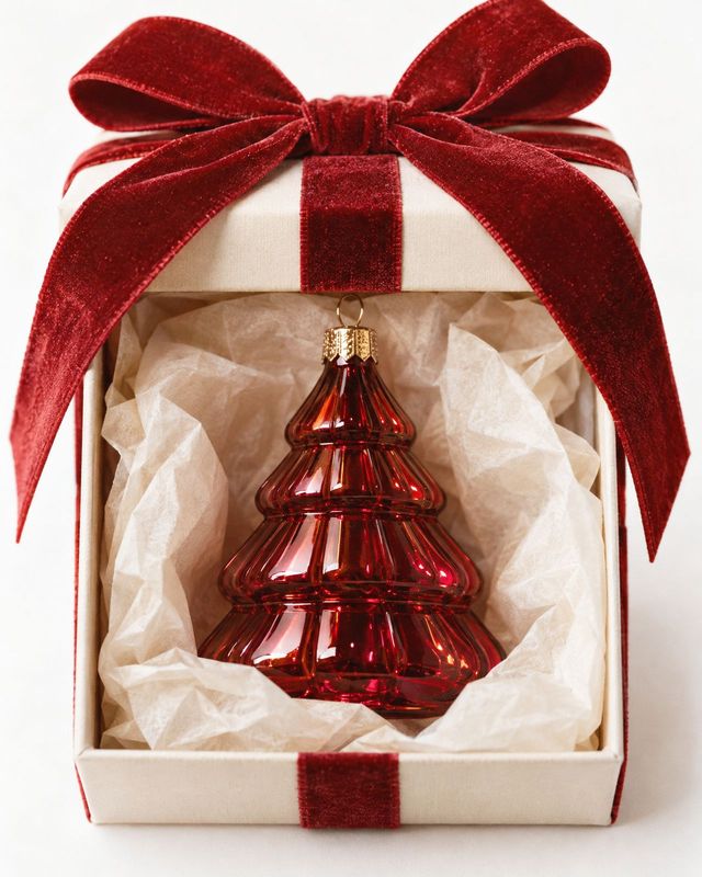 red glass Christmas tree ornament christmas product photo: A glossy red glass tree ornament sits in tissue paper inside a cream gift box finished with a large…