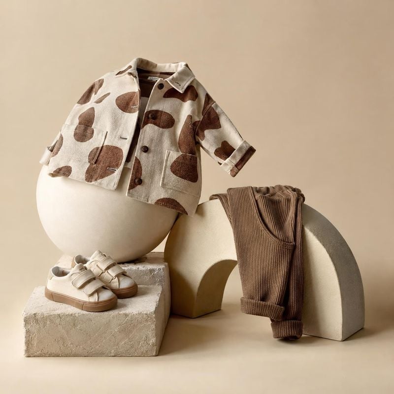 children's clothing set fashion product photo: A coordinated children's outfit of a patterned jacket, ribbed trousers, and strap shoes is arranged on sculptura…