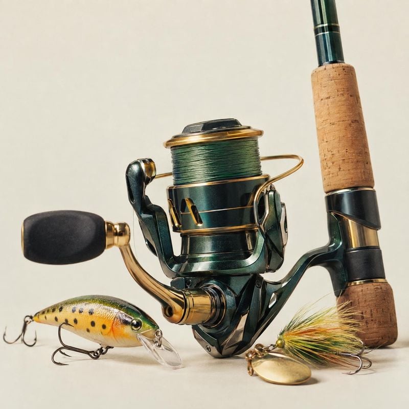 fishing reel and rod close-up detail product photo: A dark green and gold fishing reel, cork-handled rod and colorful lures are arranged against a warm off-whi…