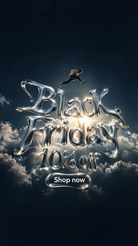 action & motion product photo: A small figure leaps above oversized silver lettering spelling out a Black Friday offer, with a glowing sun breaking through dra…