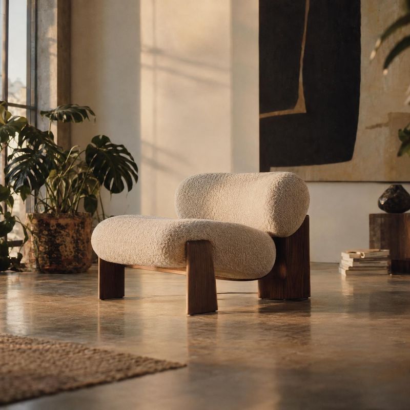 upholstered lounge chair room set product photo: A cream bouclé lounge chair with dark wood legs sits among plants and quiet decor in a sunlit, warm-toned inte…