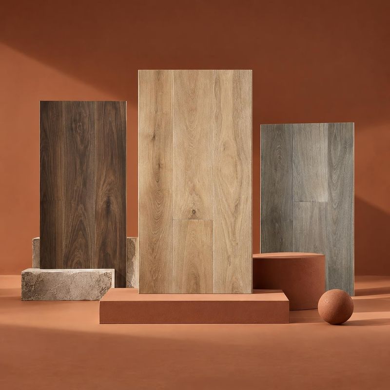 wood flooring samples group lineup product photo: Three wood flooring samples are staged at varying heights among terracotta-colored geometric props against a…