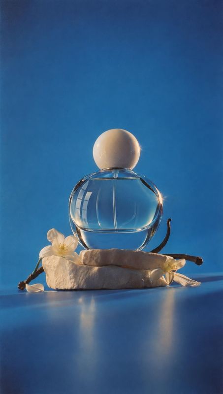 perfume bottle ingredients product photo: A clear glass perfume bottle with a spherical cap rests among pale flowers and vanilla pods against a deep blue studi…