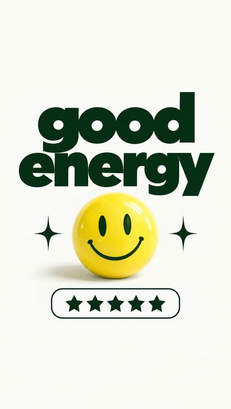 smiley-face ball toys product photo: A glossy yellow smiley-face ball sits beneath bold dark-green “good energy” typography, with sparkle icons and a five-star…