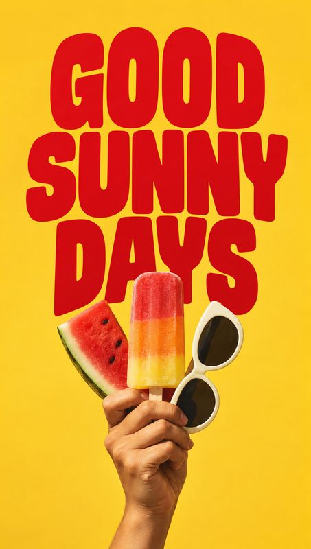 fruit popsicle product in hand product photo: A hand holds a striped fruit popsicle alongside a watermelon wedge and white sunglasses against a vivid yellow ba…