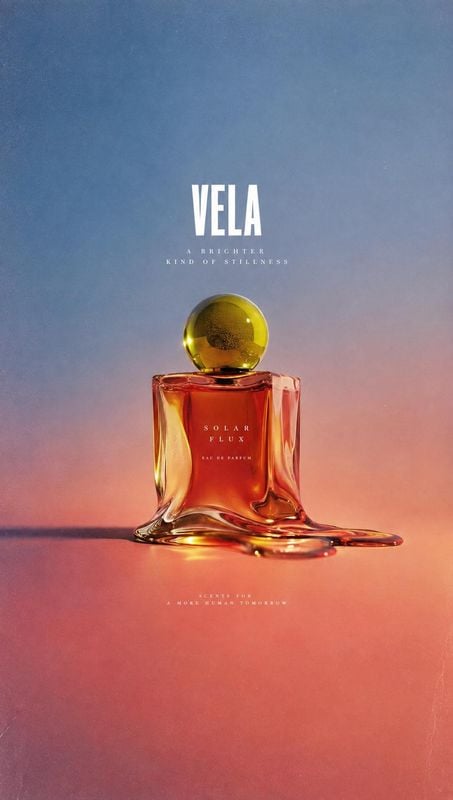perfume packshot product photo: A sculptural amber perfume bottle sits in a glossy pool against a blue-to-coral gradient, with refined white lettering and a wa…