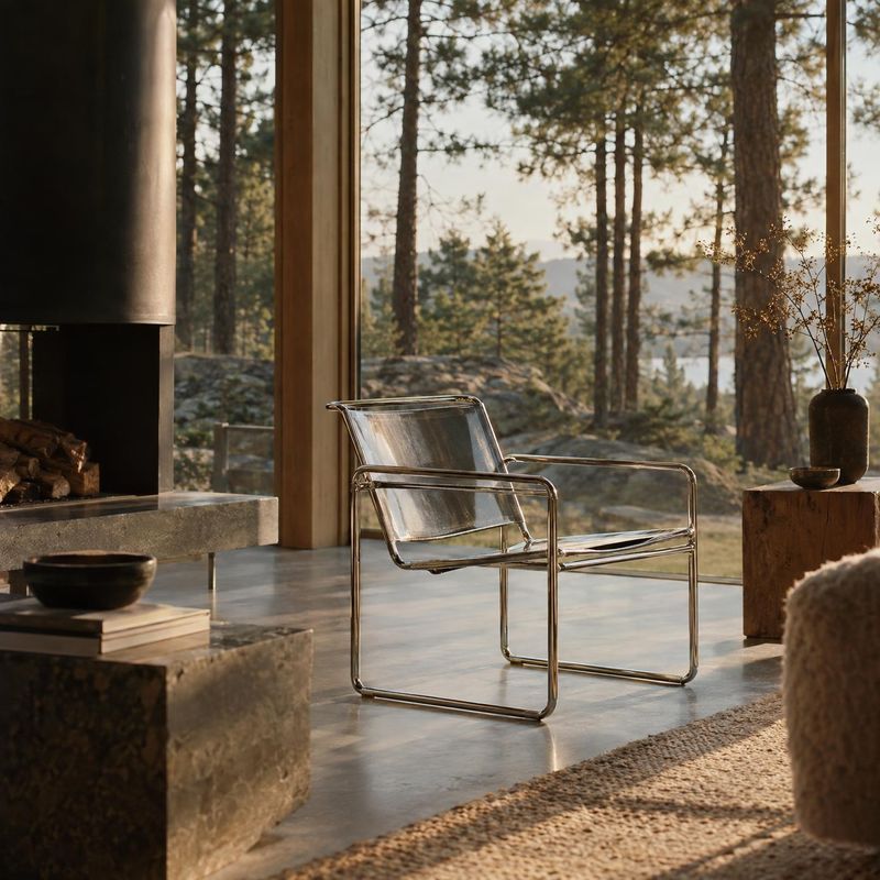 modern lounge chair room set product photo: A sleek metal-framed lounge chair sits in a warm, minimalist living room, with a stone fireplace and broad windows…