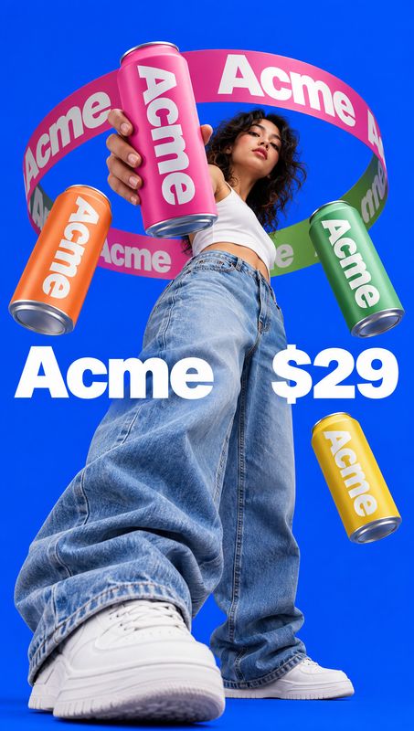 canned beverage food and drink product photo: A fashionably styled woman holds a bright pink can amid floating colorful cans and oversized lettering, set again…