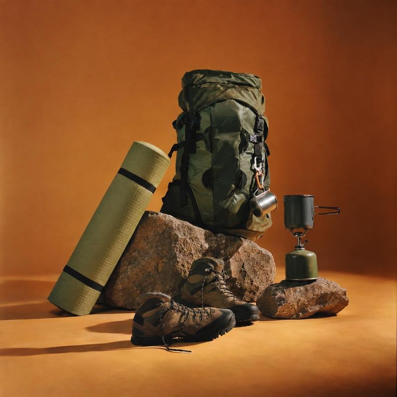 camping and hiking gear sports product photo: A backpack, hiking boots, sleeping mat and compact cooking gear are arranged among rocks on a warm orange studio…