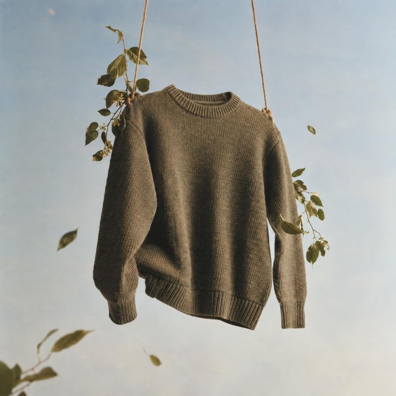 knit sweater autumn product photo: A brown knit sweater hangs from thin cords among leafy branches against an open, pale blue sky, in soft natural light with a…