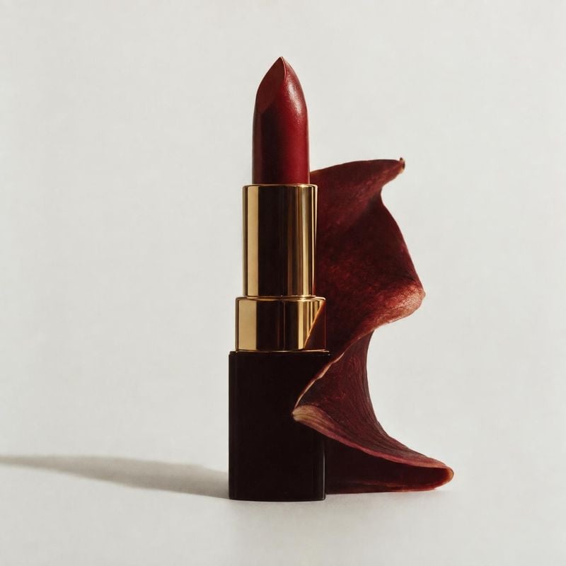 lipstick black friday product photo: A deep red lipstick in a reflective gold tube stands against a pale studio backdrop, styled with a matching dark red flowe…