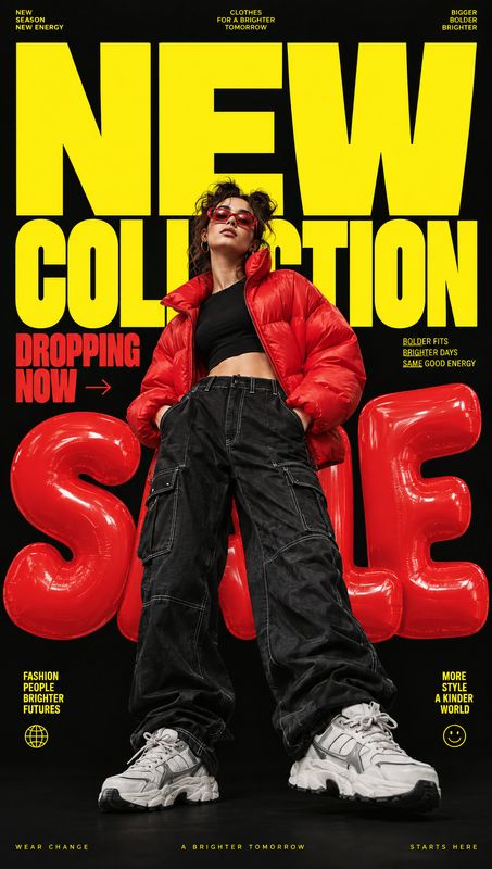 fashion outfit and sneakers black friday product photo: A model poses in a red puffer jacket, black cargo trousers and chunky sneakers against a dark studio ba…