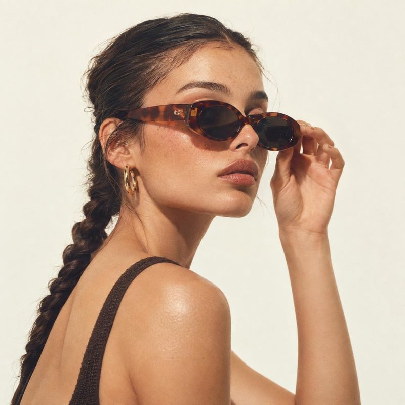 sunglasses on-body detail product photo: A model in a black textured top and gold hoop earrings adjusts tortoiseshell sunglasses against a warm, softly lit cre…