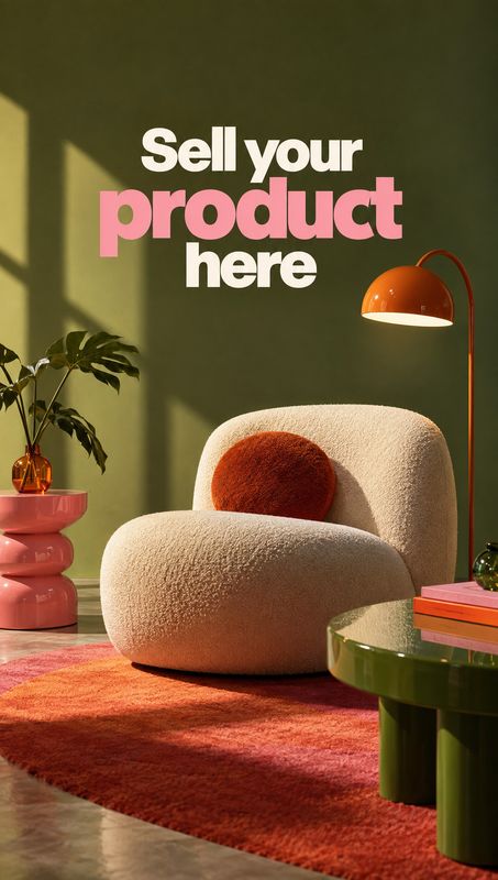upholstered accent chair room set product photo: A cream boucle accent chair with a rust-colored cushion sits among a pink rug, sculptural side table, plant, a…