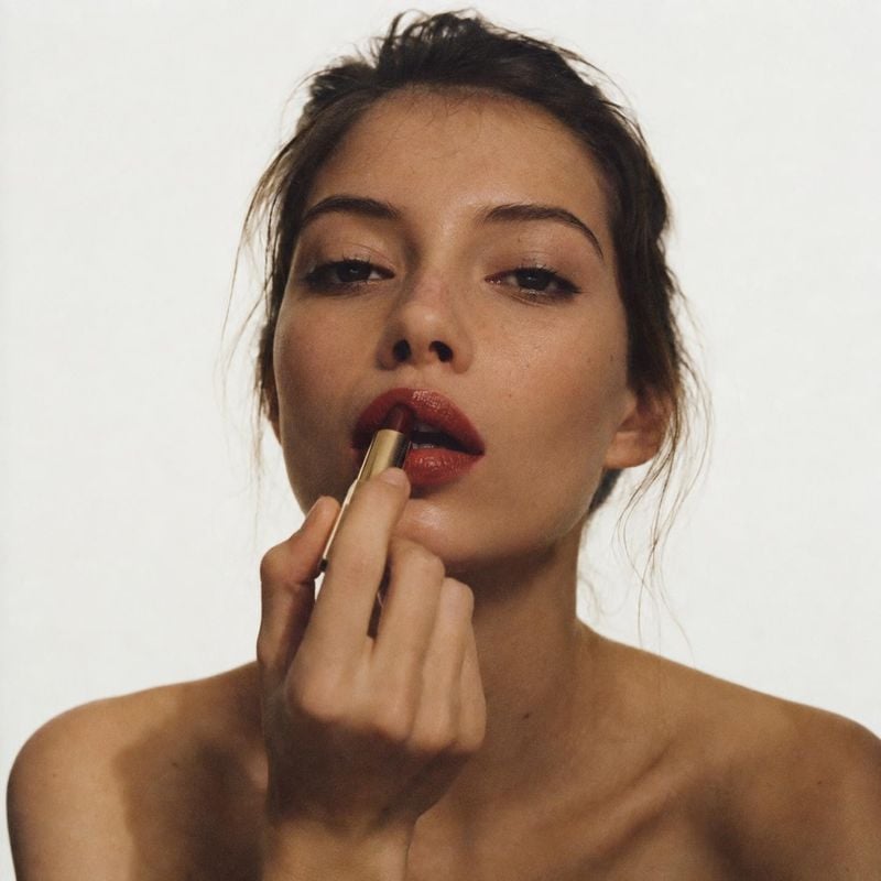 lipstick beauty close-up product photo: A close-up portrait shows a woman applying deep red lipstick against a clean white studio background, with soft, natura…