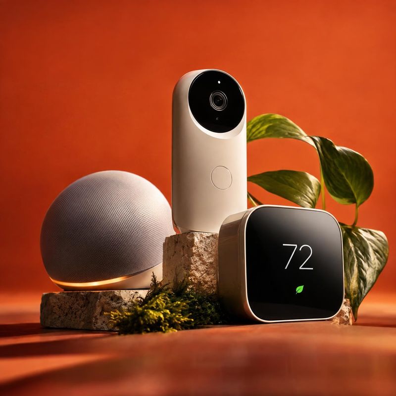 smart home devices group lineup product photo: A smart speaker, camera and display are arranged on stone blocks with moss and a leafy plant against a warm terr…