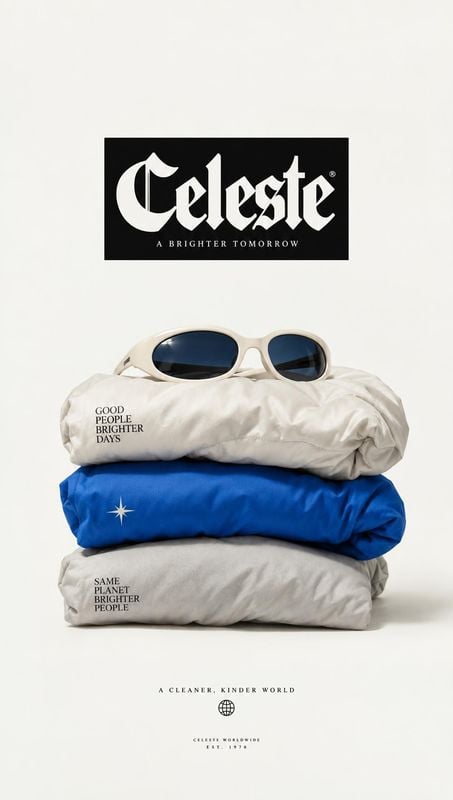 folded clothing and sunglasses group lineup product photo: Folded garments in cream, blue, and gray are stacked beneath white sunglasses on a bright studio bac…