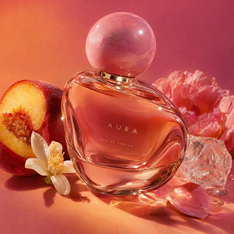 perfume ingredients product photo: A sculptural amber perfume bottle sits among peach, pale blossoms and translucent crystals against a glowing coral-pink stud…