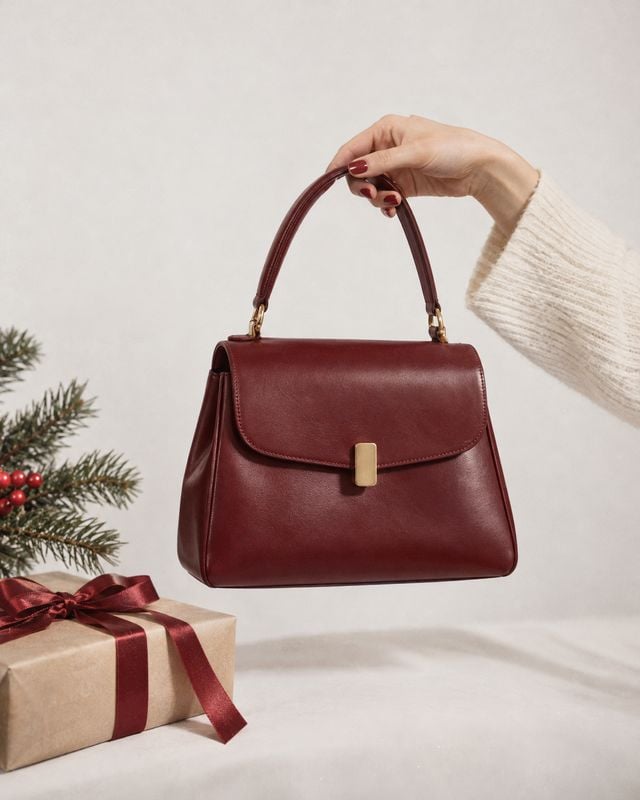 burgundy handbag christmas product photo: A hand in a cream knit sleeve presents a structured burgundy handbag beside a wrapped gift and evergreen sprig, style…