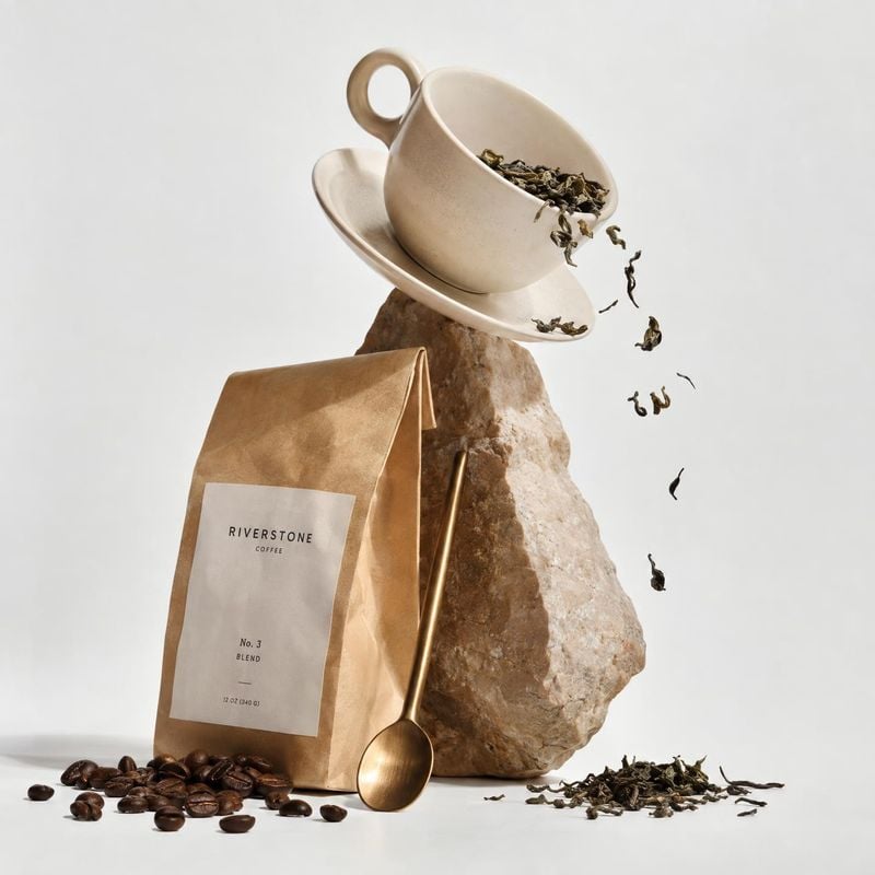 coffee bag texture / swatch product photo: A kraft coffee bag, scattered coffee beans, and a ceramic cup spilling loose leaves are arranged with a brass spoon…