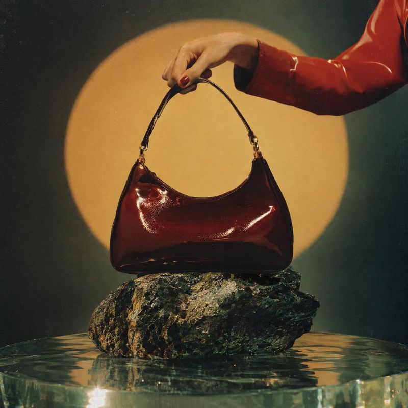 handbag product in hand product photo: A glossy burgundy handbag is presented by a manicured hand above a rugged rock, with reflective water and a warm spotlig…