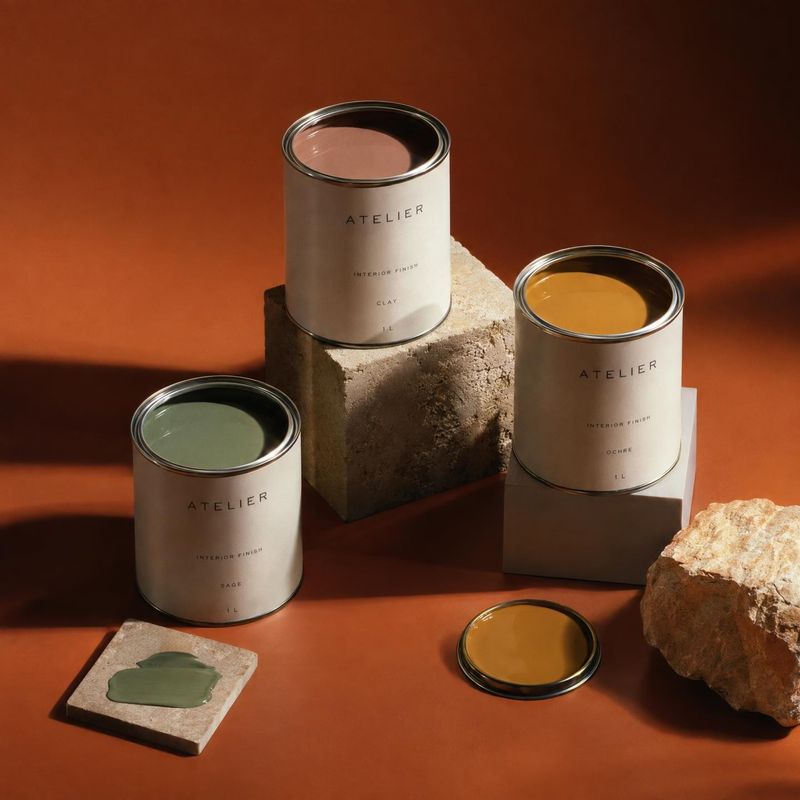 interior paint texture / swatch product photo: Three pale metal cans of interior paint in muted green, clay and ochre sit among stone blocks and paint swatches…