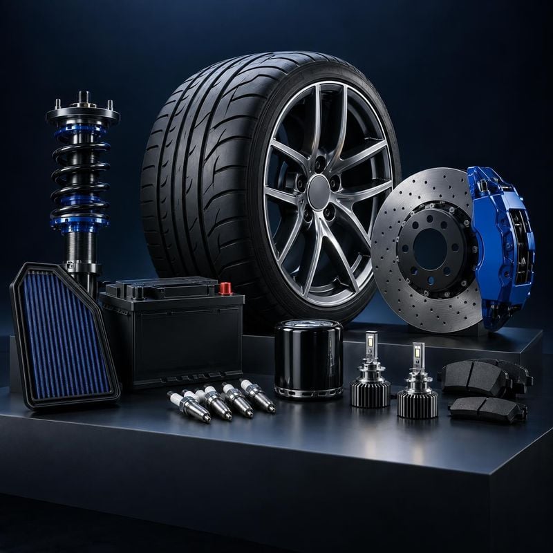automotive parts collection group lineup product photo: A coordinated lineup of automotive parts, including a tire and wheel, brake assembly, suspension, filte…