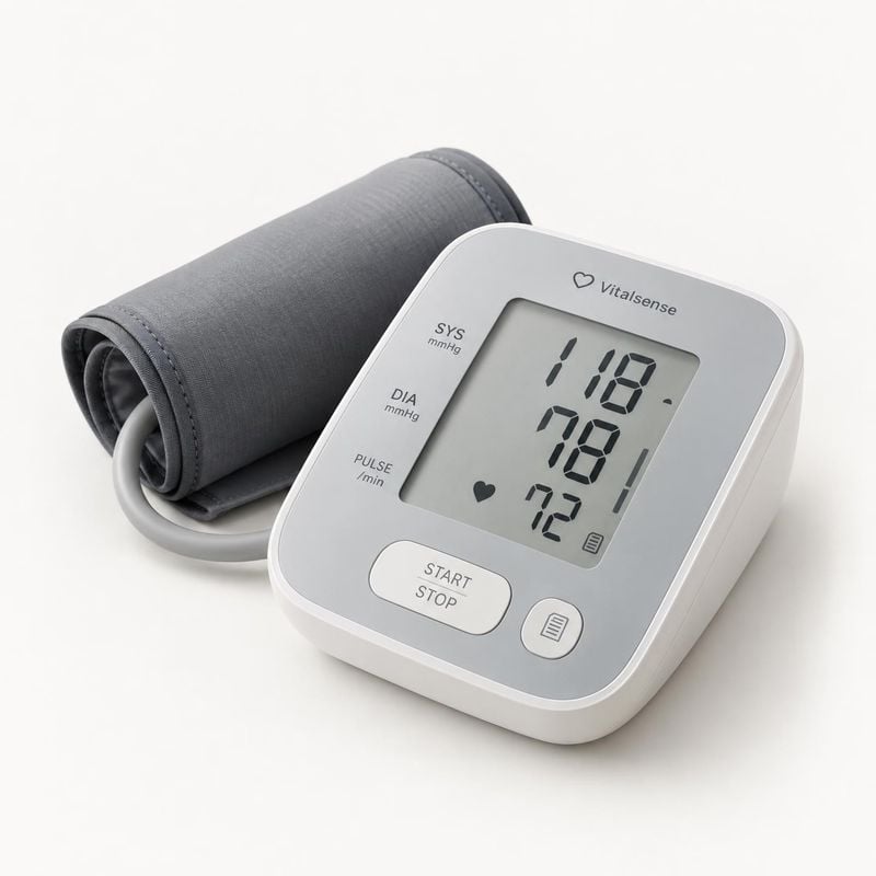 digital blood pressure monitor personal care product photo: A white digital blood pressure monitor with a gray cuff is arranged on a clean white studio backgro…