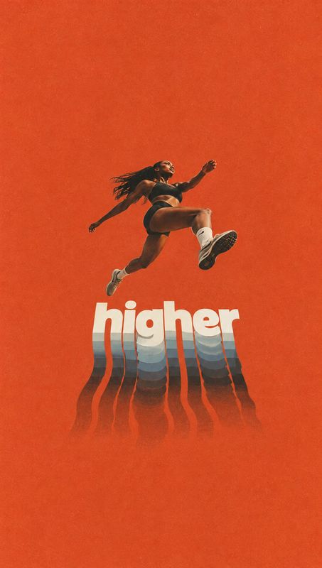 action & motion product photo: An athlete leaps above the bold word “higher” against a textured orange-red graphic backdrop, with dramatic low-angle styling an…