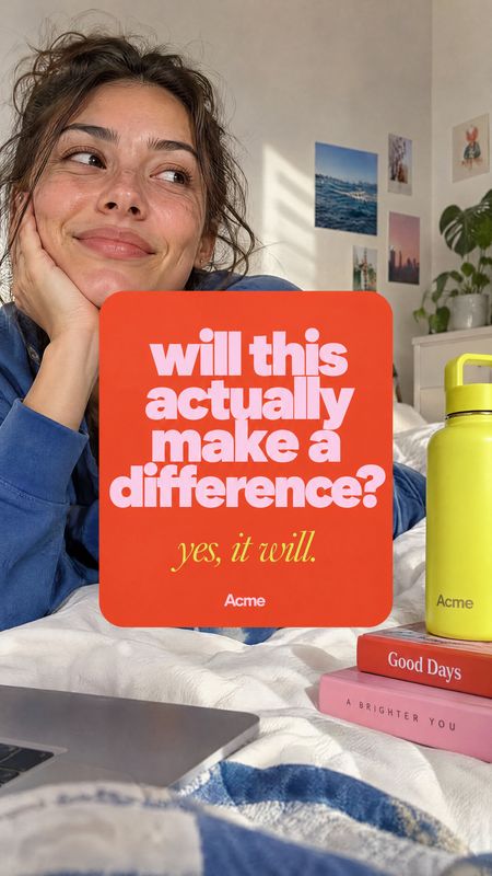 yellow bottle lifestyle scene product photo: A smiling woman lounges on a bed in a blue top beside a yellow bottle and stacked books, while a bold red text car…