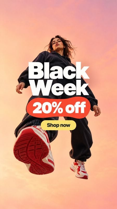 sneakers action & motion product photo: A woman in a black tracksuit and red-and-white sneakers leaps against a warm pink-orange gradient, overlaid with bold B…