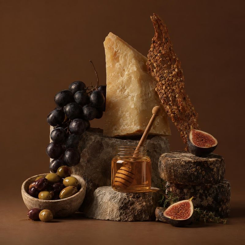 cheese and honey ingredients product photo: A rustic arrangement of cheese, honey, grapes, figs, olives, and crispbread is staged on stone against a warm brown…
