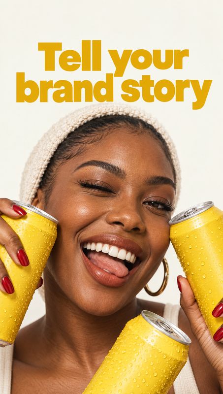 yellow beverage cans product in hand product photo: A smiling woman in a cream headband holds several bright yellow, condensation-covered cans against a pale s…